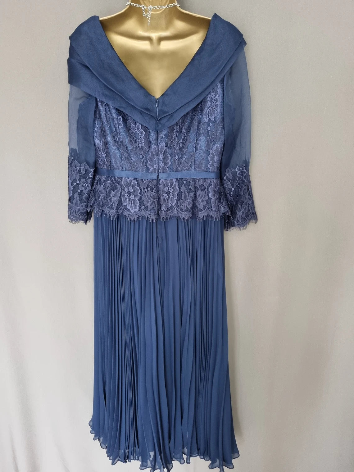 Navy A-Line Embellished LaceTea length Pleated Mother of the Bride Dresse