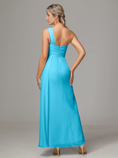 One Shoulder Floor Length Chiffon Bridesmaid Dress With Slit