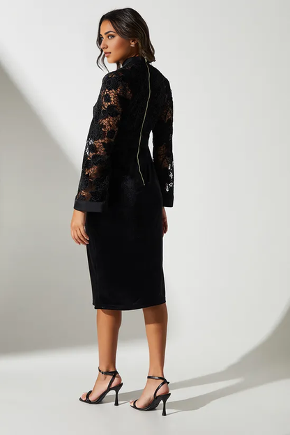 High Neck Velvet Lace Column Midi Dress Long Sleeves Winter Wedding Guest Dresses
