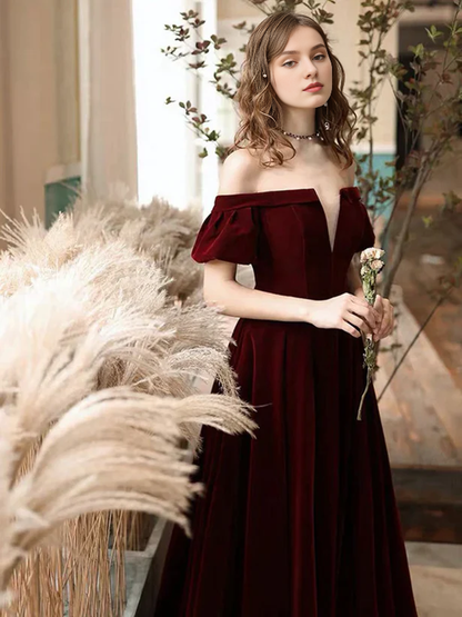 A-Line Princess Velvet Off Shoulder Simple Long Party Dress Velvet Bridesmaid Dress