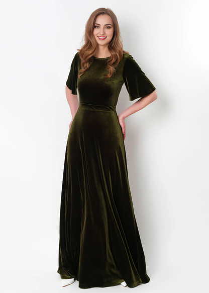 Olive Green Velvet Winter Long Bridesmaid Velvet Wedding Guest Dress Slit Dress