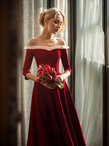 Vintage Ruffled tulle Off-the-shoulder 3/4 long sleeves Velvet Dress