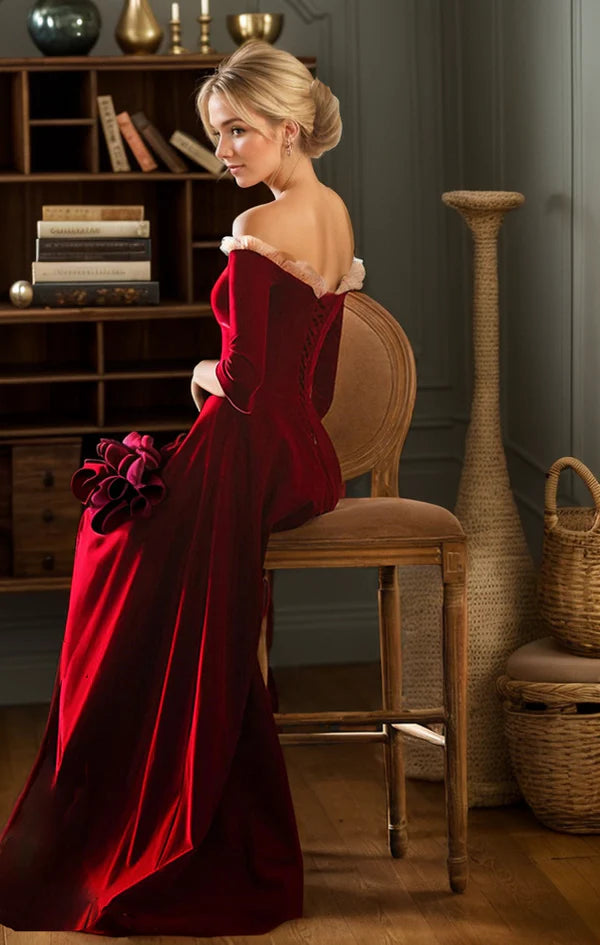 Vintage Ruffled tulle Off-the-shoulder 3/4 long sleeves Velvet Dress