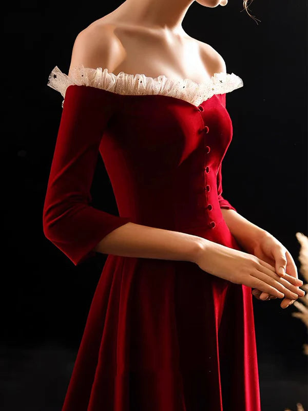 Vintage Ruffled tulle Off-the-shoulder 3/4 long sleeves Velvet Dress