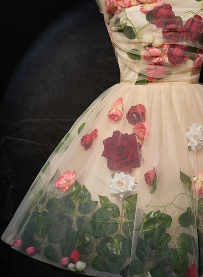 Cute Flowers Round Neckline Light Champagne Party Dress, Short Cute Prom Dress