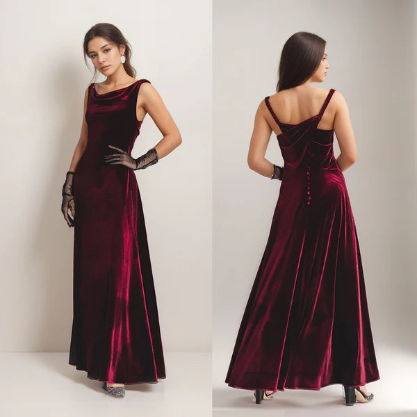 Audrey Hepburn-inspired long velvet dress with elegant back and draped neckline (gloves not included)