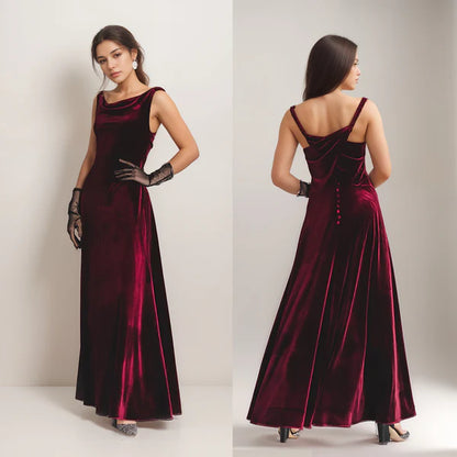 Audrey Hepburn-inspired long velvet dress with elegant back and draped neckline (gloves not included)