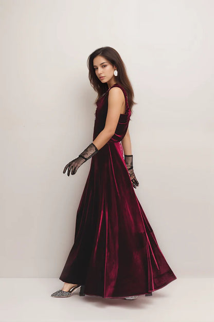 Audrey Hepburn-inspired long velvet dress with elegant back and draped neckline (gloves not included)