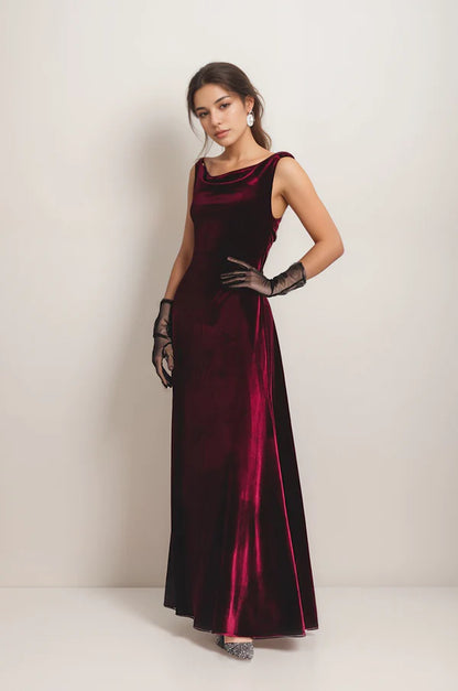 Audrey Hepburn-inspired long velvet dress with elegant back and draped neckline (gloves not included)