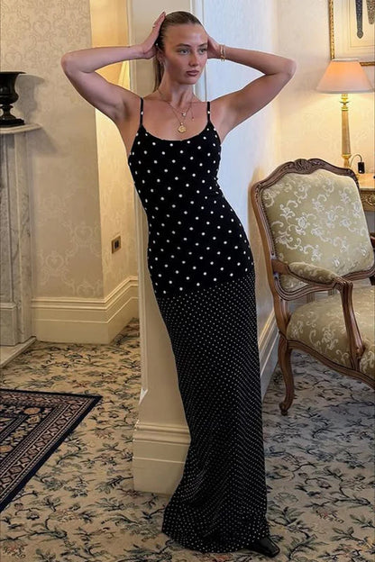 Black and White Polka Dot Maxi Prom Dresses with Spaghetti Strap Ruched Hem Slit for Prom and Retro Party