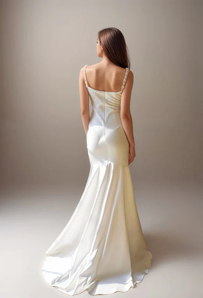 Goddess Style Pearl Beaded Spaghetti-straps Mermaid Satin wedding dress small train