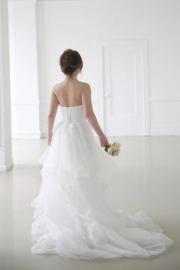 Strapless Pleated Satin Bodice Ruffled Skirt Princess tulle lace wedding dress