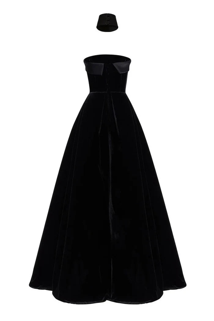 Fold Over Strapless Flare Velvet Evening Maxi Dress