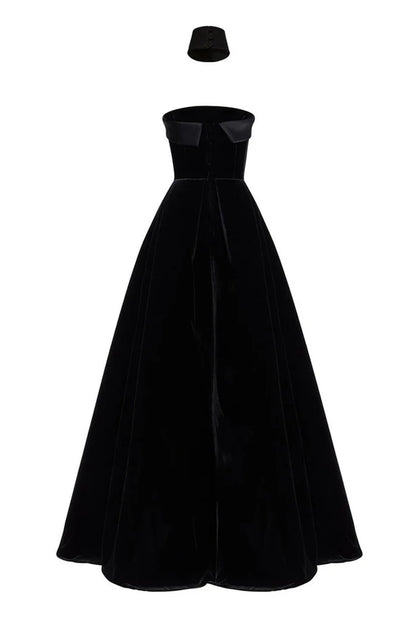 Fold Over Strapless Flare Velvet Evening Maxi Dress