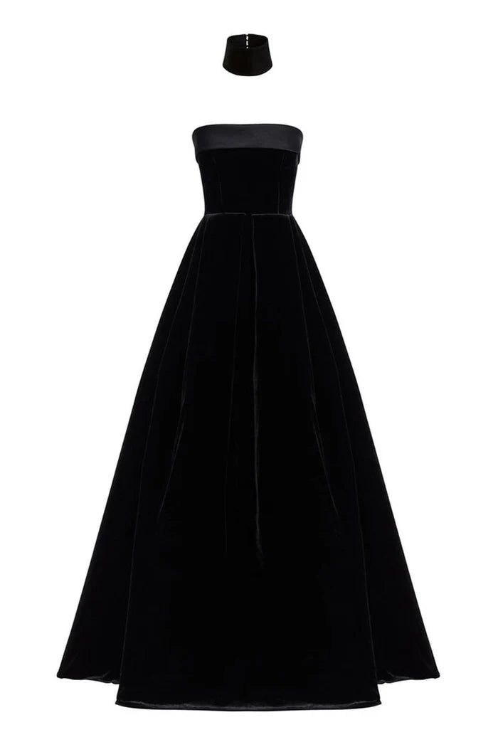 Fold Over Strapless Flare Velvet Evening Maxi Dress