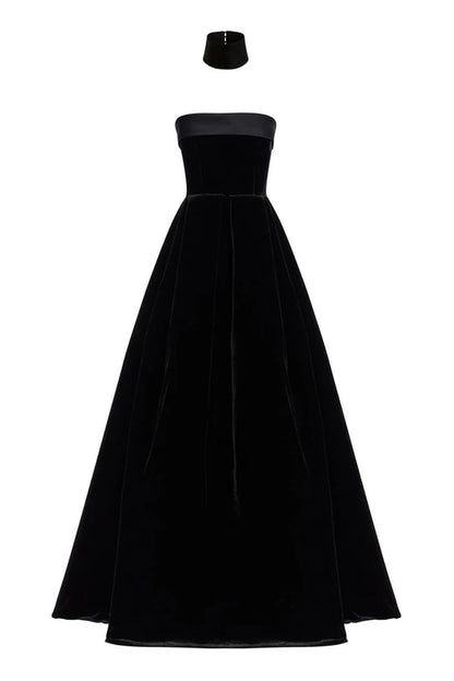 Fold Over Strapless Flare Velvet Evening Maxi Dress