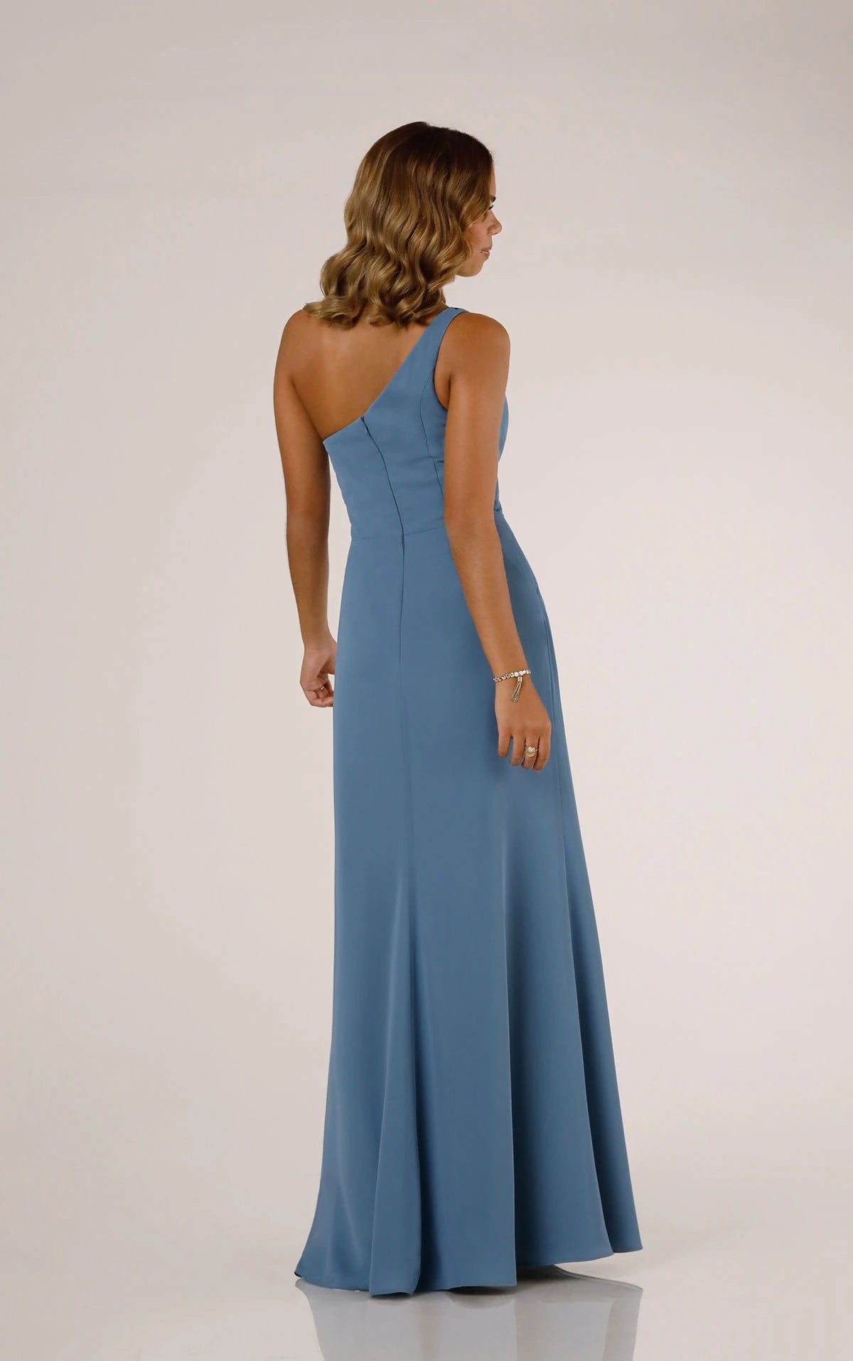 One-Shoulder Bridesmaid Dress with Skirt Slit and Detachable Accent Strap