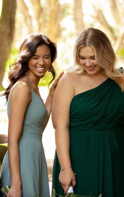 One-Shoulder Bridesmaid Dress with Skirt Slit and Detachable Accent Strap