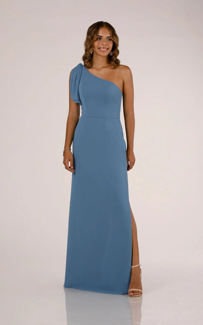One-Shoulder Bridesmaid Dress with Skirt Slit and Detachable Accent Strap