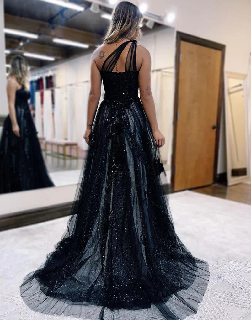 Black One Shoulder Floral Prom Dresses Preppy Prom Dresses 2025