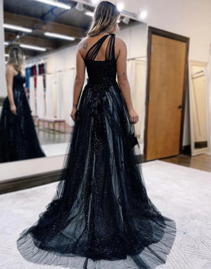 Black One Shoulder Floral Prom Dresses Preppy Prom Dresses 2025