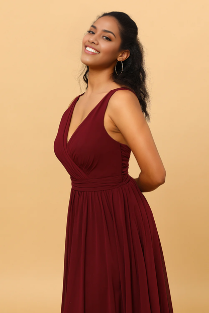 A-line V-Neck Chiffon Burgundy Bridesmaid Dress