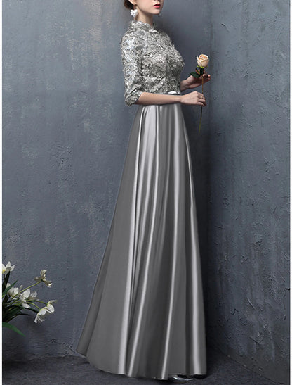 A-Line Mother of the Bride Dress High Neck Floor Length Satin Half Sleeve with Bow(s) Appliques