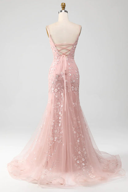 Sparkly Light Blue Mermaid Lace Up Long Prom Dress Sequined Appliques With Sweep Train