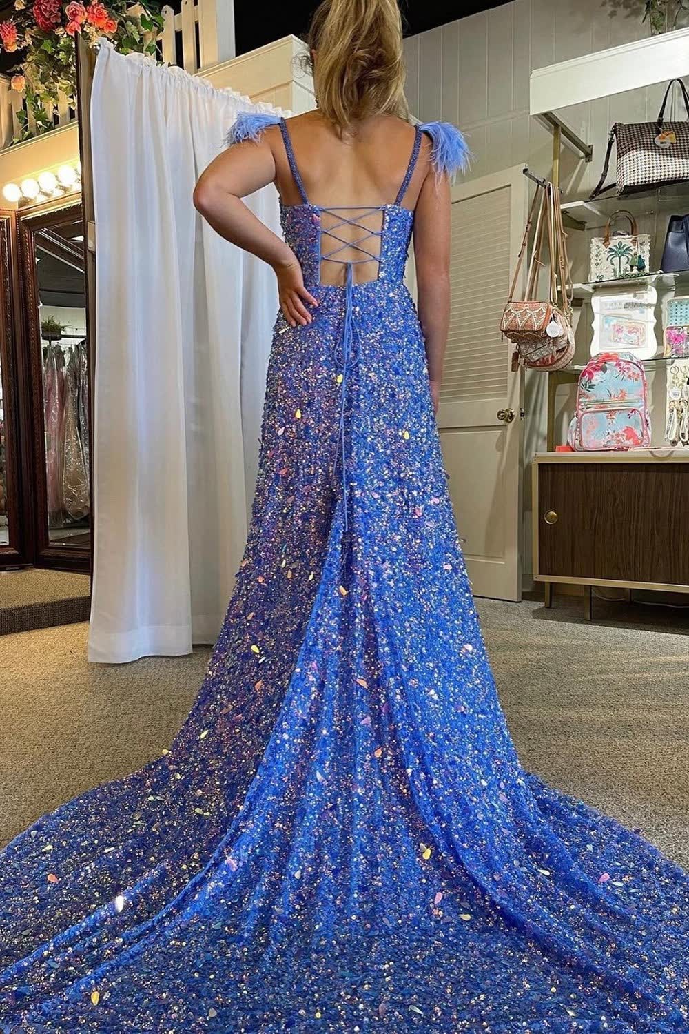 A Line Spaghetti Straps Blue Sequins Long Prom Dress with Feathers