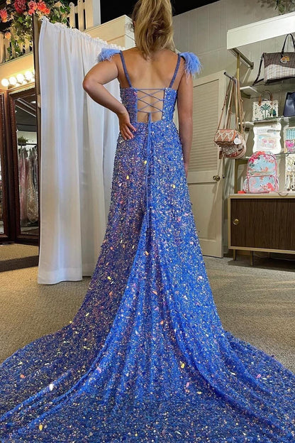 A Line Spaghetti Straps Blue Sequins Long Prom Dress with Feathers