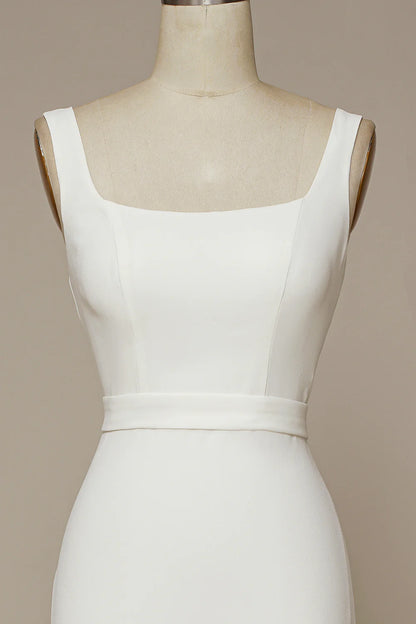 White Mermaid Square Neck Long Train Dress Wedding Dress