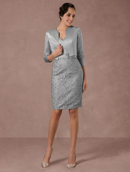 Party Dress Suits Lace Illusion Cocktail Dress With Long Sleeves Jacket Mother of the Bride Dresse Wedding Guest Dress