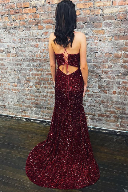 Mermaid Deep V Neck Burgundy Sequins Long Prom Dress with Silt