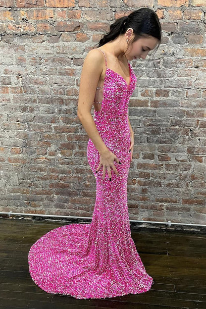 Mermaid Spaghetti Straps Hot Pink Backless Long Prom Dress