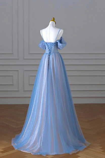 A-Line Princess Glitter Blue and Pink Beaded Tulle Long Party Dress Prom Dress