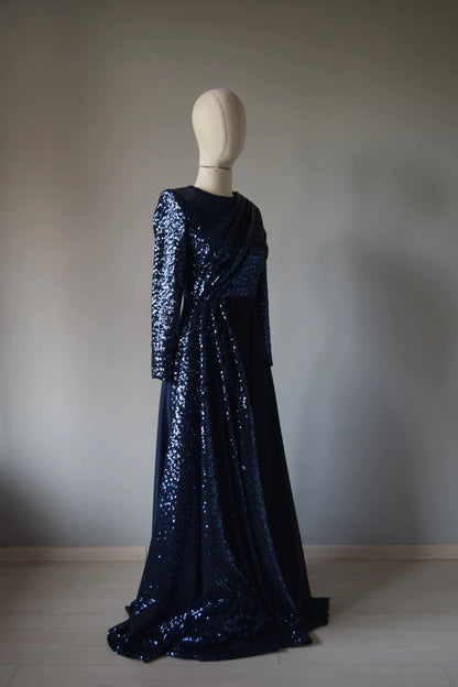 Chiffon Top Navy Blue Sequin Long Sleeve Floor Length Sequin Mother Of Bride Dress