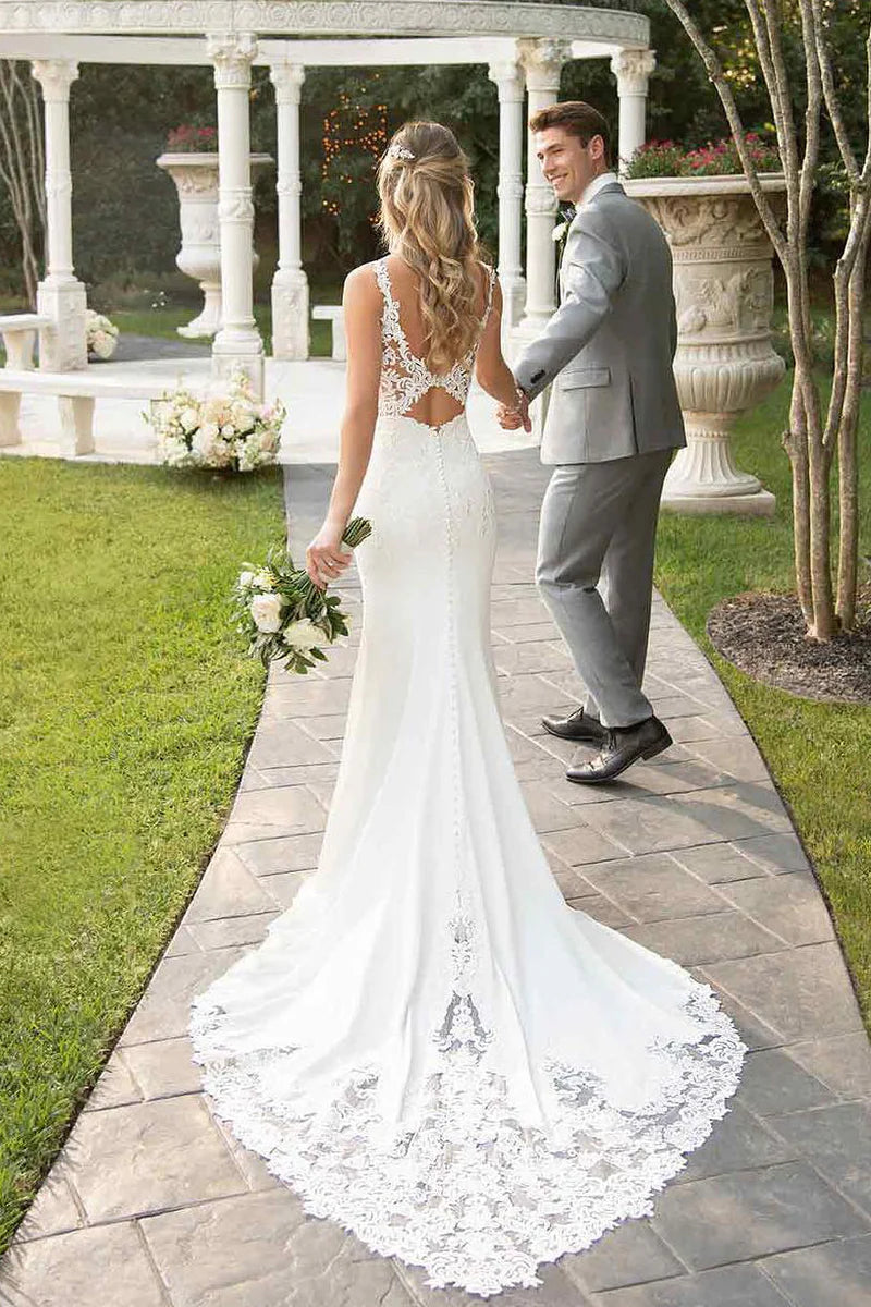 Lace Straps Sweep Train Mermaid White Chapel Train Wedding Dress