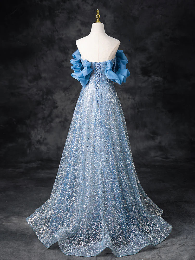 A-Line Off Shoulder Sequin Beads Blue Long Prom Dress