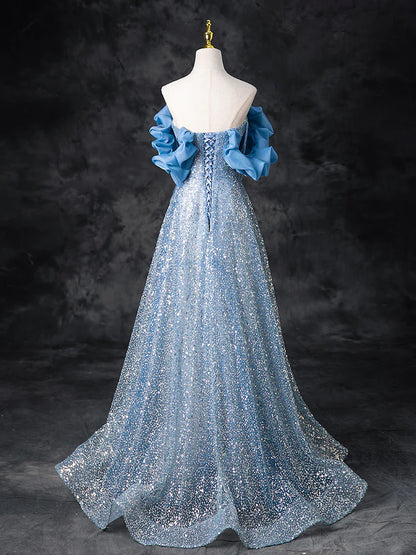 A-Line Off Shoulder Sequin Beads Blue Long Prom Dress