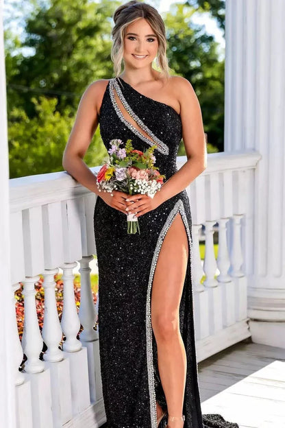 One Sholder Sequins Mermaid Prom Dresses with Slit