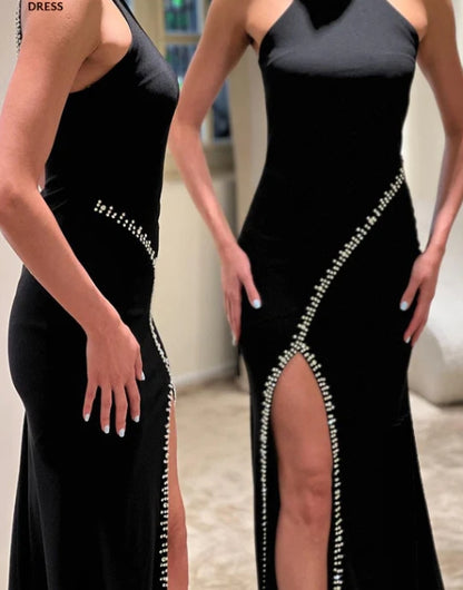 High Neck Beads Side Split Sleeveless Long Formal Evening Dress