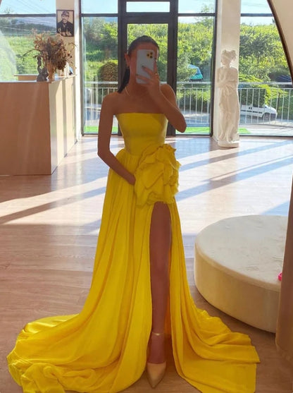 A-Line Strapless High Split Pleated Sleeveless Long Prom Party Dress