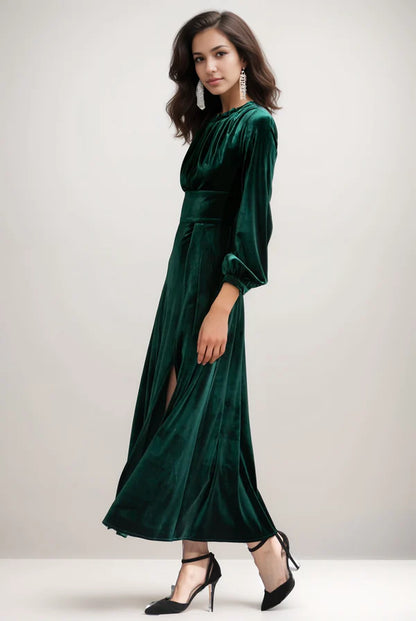 Vintage Long sleeves Ruched Bodice tight waist Velvet Dress thigh slit