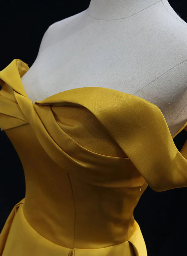 Yellow A-line Simple Satin Off Shoulder Prom Dress Formal Dress