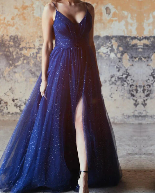 Sparkly Navy Blue Tulle V-neck Lace Up Back Split Dress A-Line Princess Prom Dresses