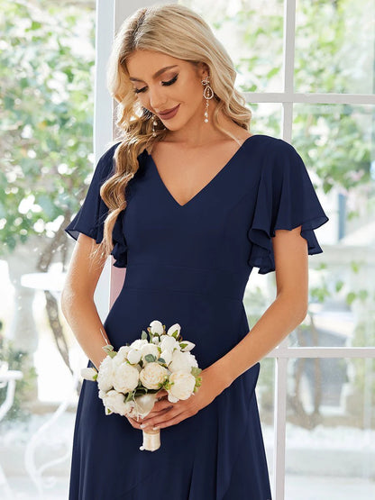 Sleeved hi low bridesmaid dress in navy wide