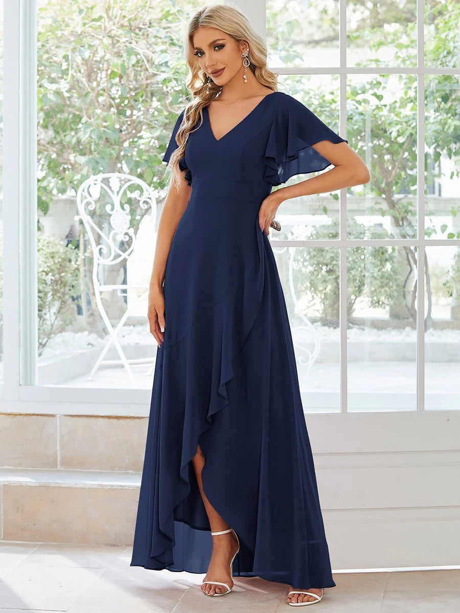 Sleeved hi low bridesmaid dress in navy wide