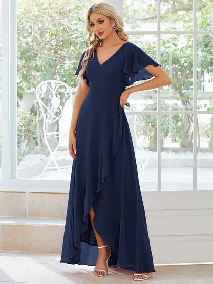 Sleeved hi low bridesmaid dress in navy wide