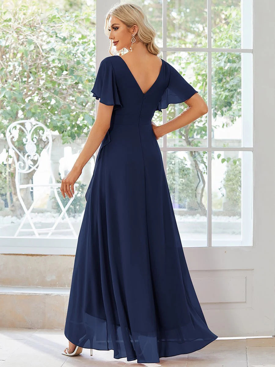 Sleeved hi low bridesmaid dress in navy wide