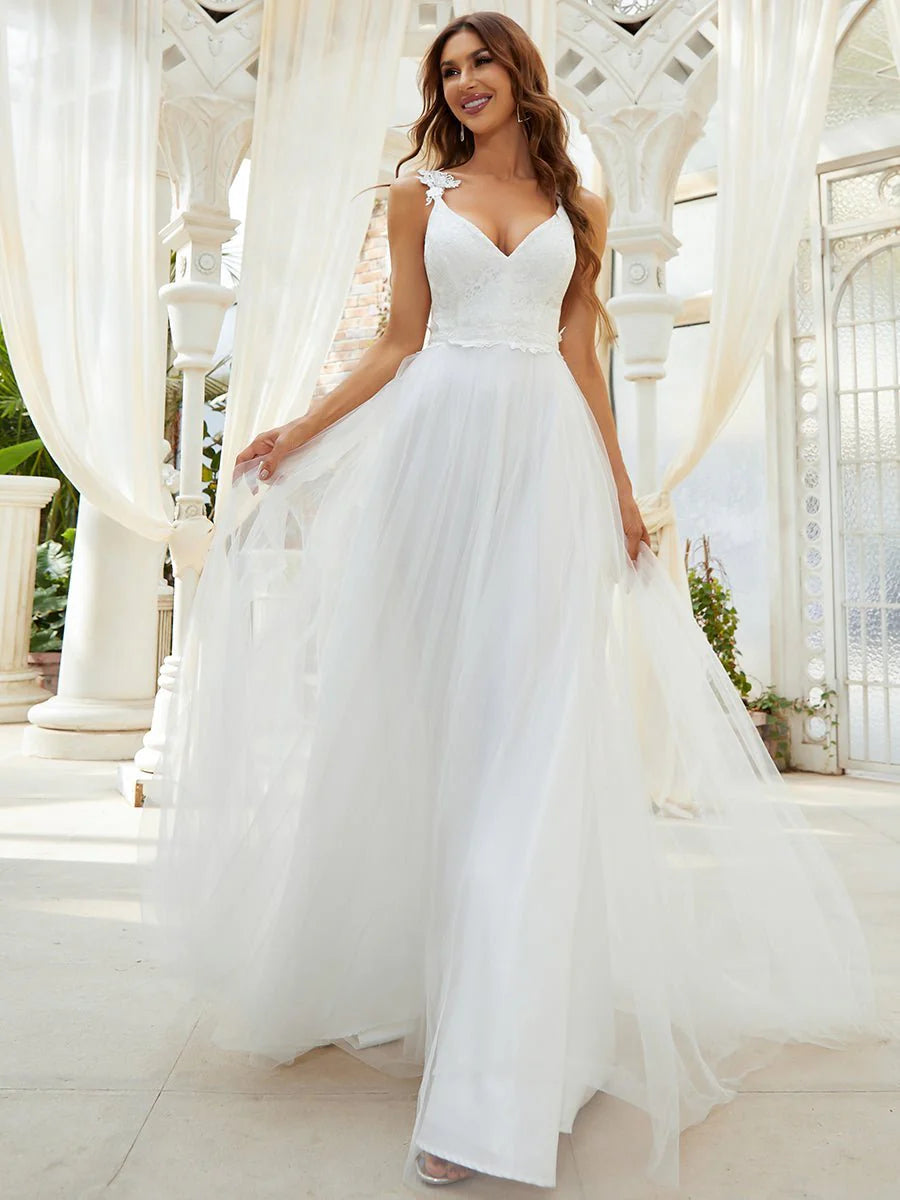 Elizabeth double V neck Wedding dress in ivory wide